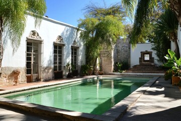 Fototapeta premium Beautiful outdoor pool area surrounded by lush greenery and historic architecture, perfect for relaxation and enjoyment on a sunny day
