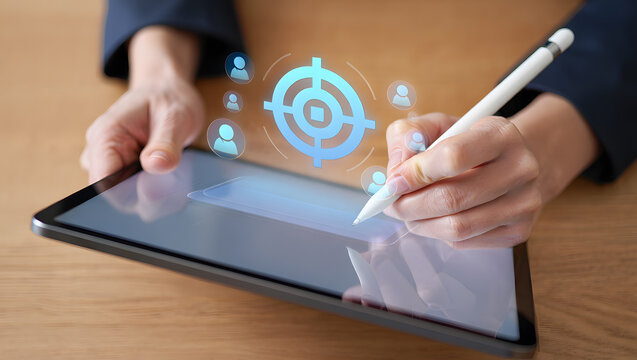 Digital Tablet with Stylus and Target Icon Displaying Customer Targeting and Marketing Strategy Representing Audience Segmentation, Personalized Advertising, and Online Business Growth in Technology