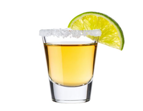 Shot glass with golden tequila and lime slice, transparent background.