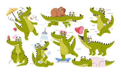 Fototapeta premium Cute lovely green crocodiles cartoon character showcasing different funny activities isolated set