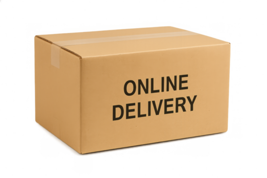 Cardboard box with the writing online delivery representing e-commerce and home delivery services, on transparent background