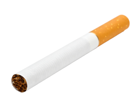 Single unlit cigarette, white background.