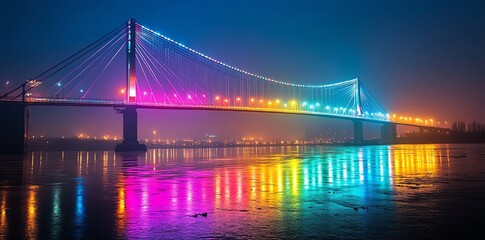 Colorful Lighted Bridge Over Water at Night with Reflection