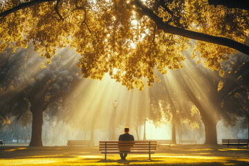 Peaceful and contemplative scene of a man sitting alone on a bench in a sun-drenched park. Warm golden rays filter through the autumn leaves, creating a magical atmosphere of serenity and inner peace.