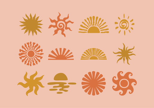 Boho sun collection. Sun hand drawn doodles organic shapes. Summer sunshine