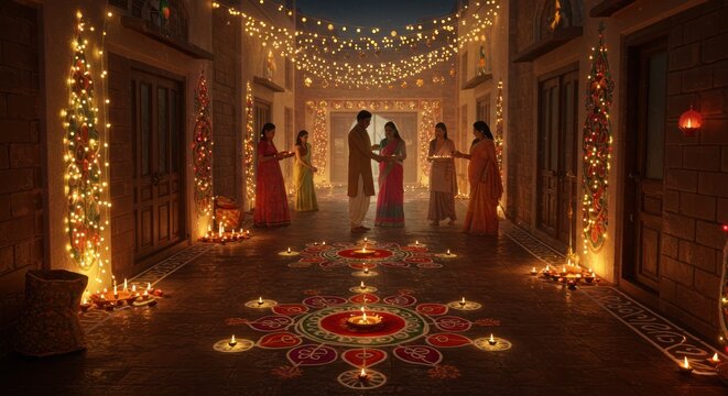 Illuminated Diwali Night Festive Celebration in India