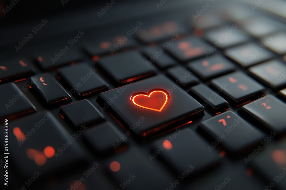 Poster heart sign key on black computer keyboard illuminated in soft lighting, ð¡omputer keyboard with the 