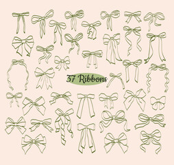 Green ribbon bow coquette style. Hand drawn line art doodle.