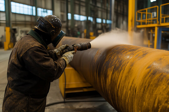 Worker sandblasting a large metal pipe in a factory with protective gear. Safety first! Rust removal and surface preparation in progress.
