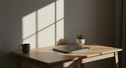 Home Office Workspace with Desk, Laptop, and Window Light | High Definition