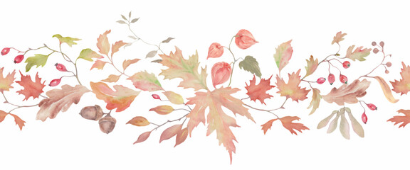 
Seamless watercolor border featuring autumn oak leaves, maple leaves, and berries. Hand-drawn floral  illustration. Vector EPS.