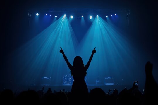 Girl makes heart shape with fingers while enjoying the concert lights in a dark venue, Making heart silhouette girl fingers sway hand enjoy music concert in a spectators crowd - Powered by Adobe