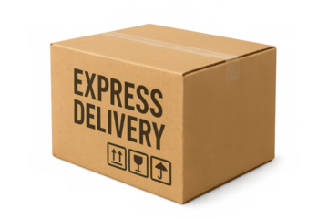 Sealed cardboard box for express delivery with handling and packaging symbols, isolated on transparent background