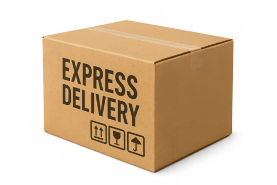 Sealed cardboard box for express delivery with handling and packaging symbols, isolated on transparent background