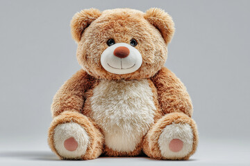 Obraz premium A soft brown teddy bear sitting upright on a pure white background, isolated 
