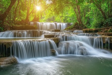 Obraz premium Majestic waterfall cascading through lush tropical forest in Thailand at sunset, Scenic waterfall in Thailand tropical forest Beautiful nature able seamless