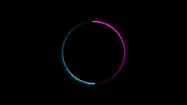 neon light trail circle on black background. Endless circular pattern.Glitter magic spell effect. Light streaks with shimmer. Modern round frame with empty space for text for advertising, banner
