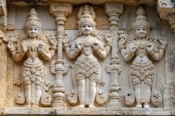 Intricate stone carvings of mythological figures on temple wall in ancient architecture, Stone carvings of mythological figures on temple wall