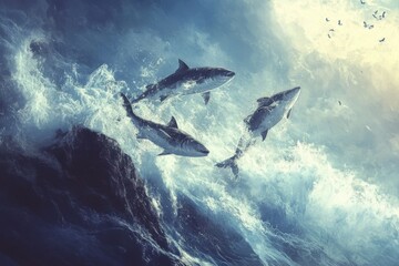 Fototapeta premium Fish leap against the strong current to navigate their challenging aquatic environment, Fish jumping against the rapid current to swim over the rocks