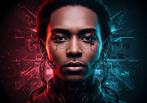 Surreal portrait of a pixel-blended face, merging human features with digital distortion.