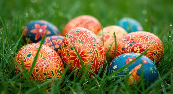 Vibrant Hand-Painted Easter Eggs Nestled in Lush Green Grass