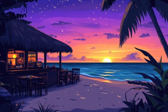 Restaurant along the beach at dusk with vibrant sunset and palm trees, restaurant on the beach at dusk, seamless ing Photo background, cartoon anime style