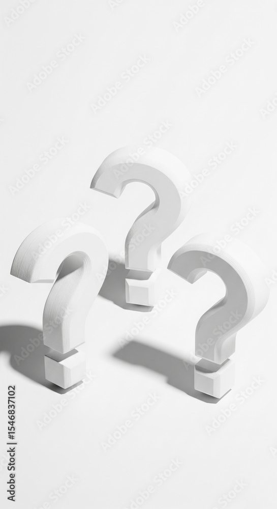 Poster Three white question marks on a white background, creating a minimalist and intriguing scene, representing uncertainty, inquiry, or a need for answers
