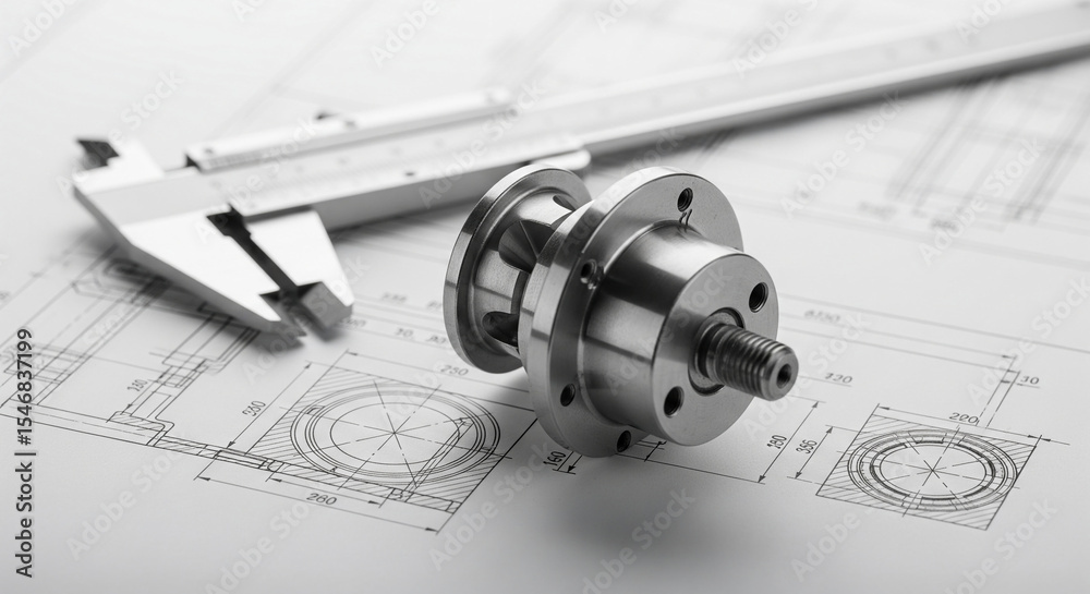 Aufkleber Close-up of metallic part and caliper on blueprint, showcasing precision engineering and design, representing industrial manufacturing and technical accuracy