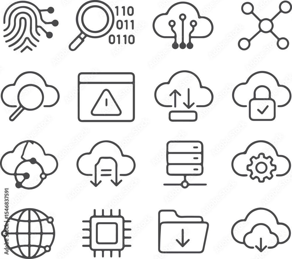 Poster modern data and network outline icons set representing cloud computing and digital security features