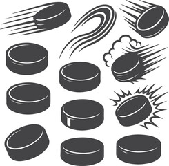 Dynamic Collection of Puck Illustrations Featuring Motion and Impact Depictions Sporting Equipment Accessories Ice Hockey Sports Equipment and Graphic Elements