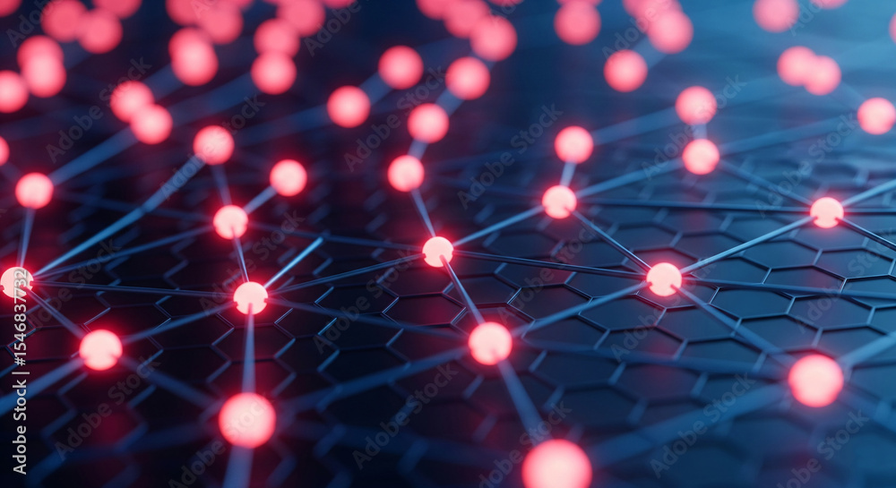 Poster Abstract network graphic, red glowing nodes connected by lines on dark hexagonal background, symbolizing connection, technology, or communication