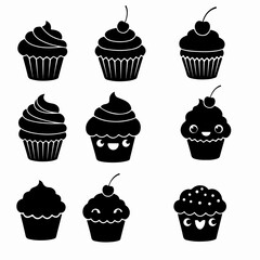 Cupcake desserts collection in simple black silhouettes