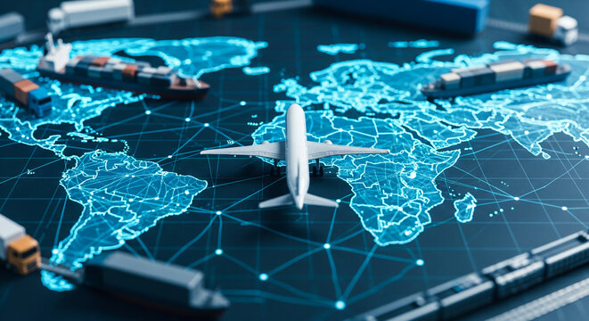 Airplane model on glowing world map with miniature cargo ships and trucks, showcasing global logistics and transportation network concept
