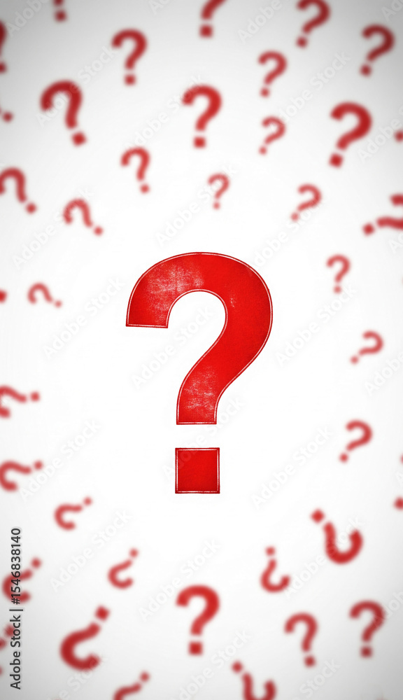 Poster large red question mark, textured surface, surrounded by smaller blurred question marks on white bac
