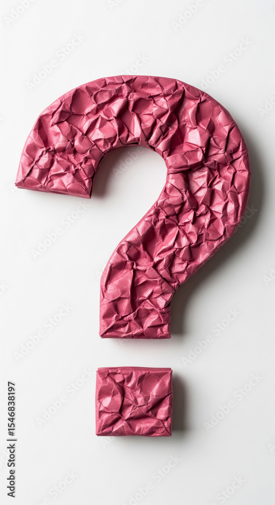 Poster Pink crumpled paper forms question mark and exclamation point, symbolizing uncertainty and urgency, suitable for concepts needing a solution or answer