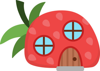 Vector little dwarf house shaped as strawberry. Tiny gnome home clipart. Fantasy forest or woodland cottage illustration. Magic fairytale dwelling icon isolated on white background