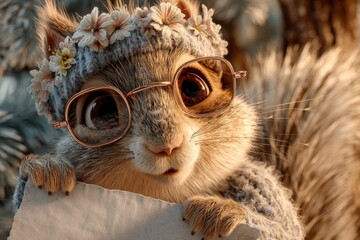 Adorable squirrel adorned with glasses and a floral headband outdoors