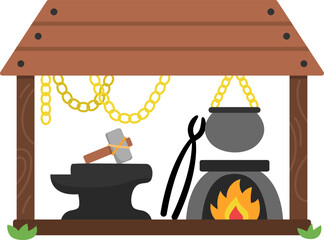 Vector cartoon forge icon. Smithy with cauldron on fire, tools, hammer, sward, chains, anvil. Blacksmith dwarf workshop illustration. Magic fairytale iron worker icon isolated on white background