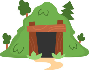 Vector green hill with door. Dwarf mine entrance illustration. Gnome mining cave clipart. Fantasy forest or woodland mountain illustration. Magic fairytale icon isolated on white background