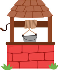 Vector cartoon well with bucket. Fairytale or ancient world red brick water pit icon with tile roof. Medieval shaft illustration isolated on white background