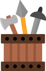 Vector wooden box with sward, hammer, spear. Blacksmith or forger illustration. Fairy tale knight armor or dwarf smith products in wood crate. Cartoon icons with medieval weapon
