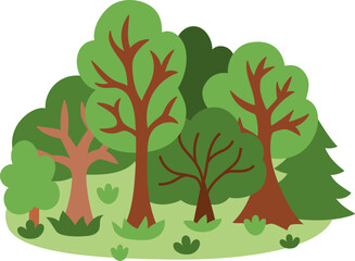 Vector forest landscape. Woods illustration with trees, flowers and bushes. Ecological or outdoor camping illustration. Cute woodland scene with plants
