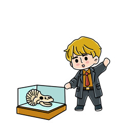 Boy with dinosaur fossil in museum 