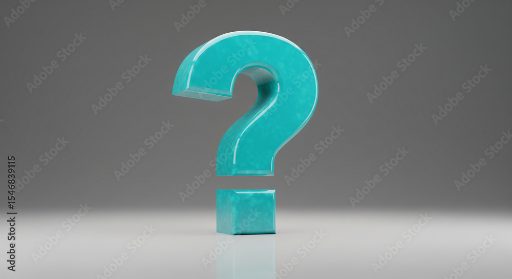 Poster teal question mark, glossy texture, 3d render, isolated on gray background, symbolizes inquiry, unce