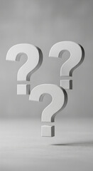 Three white question marks float against light gray background, symbolizing inquiry, uncertainty, or search for answers. Minimalist design ideal for concepts of questions, puzzles, or problem-solving