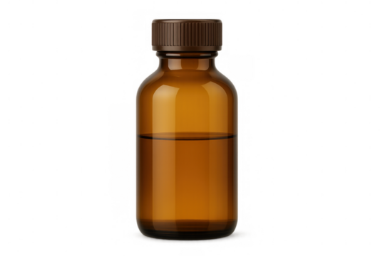 Small brown medical glass bottle with screw cap filled with transparent liquid, isolated on transparent background