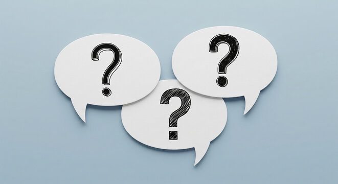 Three white speech bubbles with black question marks, arranged on a light-blue background, showcasing inquiry, questions, and communication concept