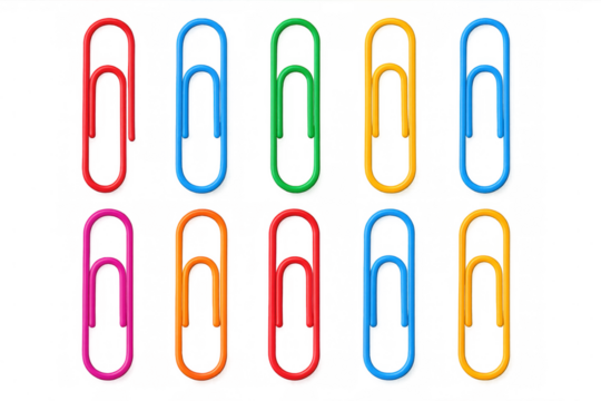 Set of colorful paperclips isolated on transparent background, essential office supplies for organizing documents