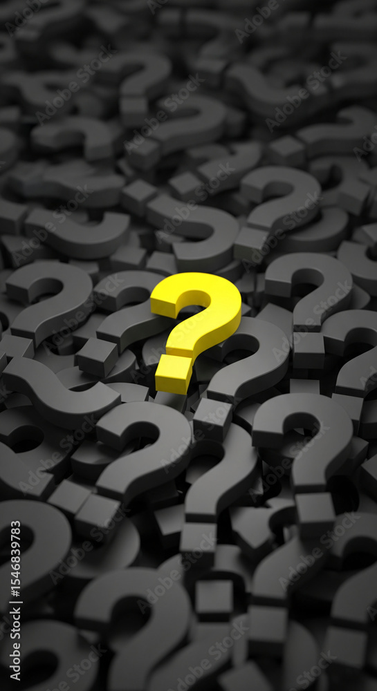 Poster Yellow question mark stands out among many gray question marks, symbolizing unique solution or finding answers, ideal for problem-solving or FAQ concepts