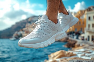 White sneakers in action near scenic coastal background on a sunny day